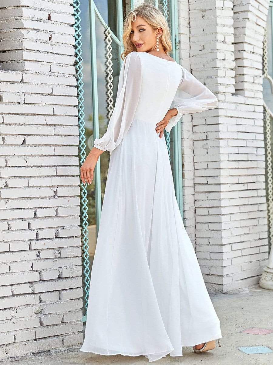 Color=Cream | Women'S Deep V Lantern Long Slit Sleeve Applique Maxi Evening Dress-Cream 2
