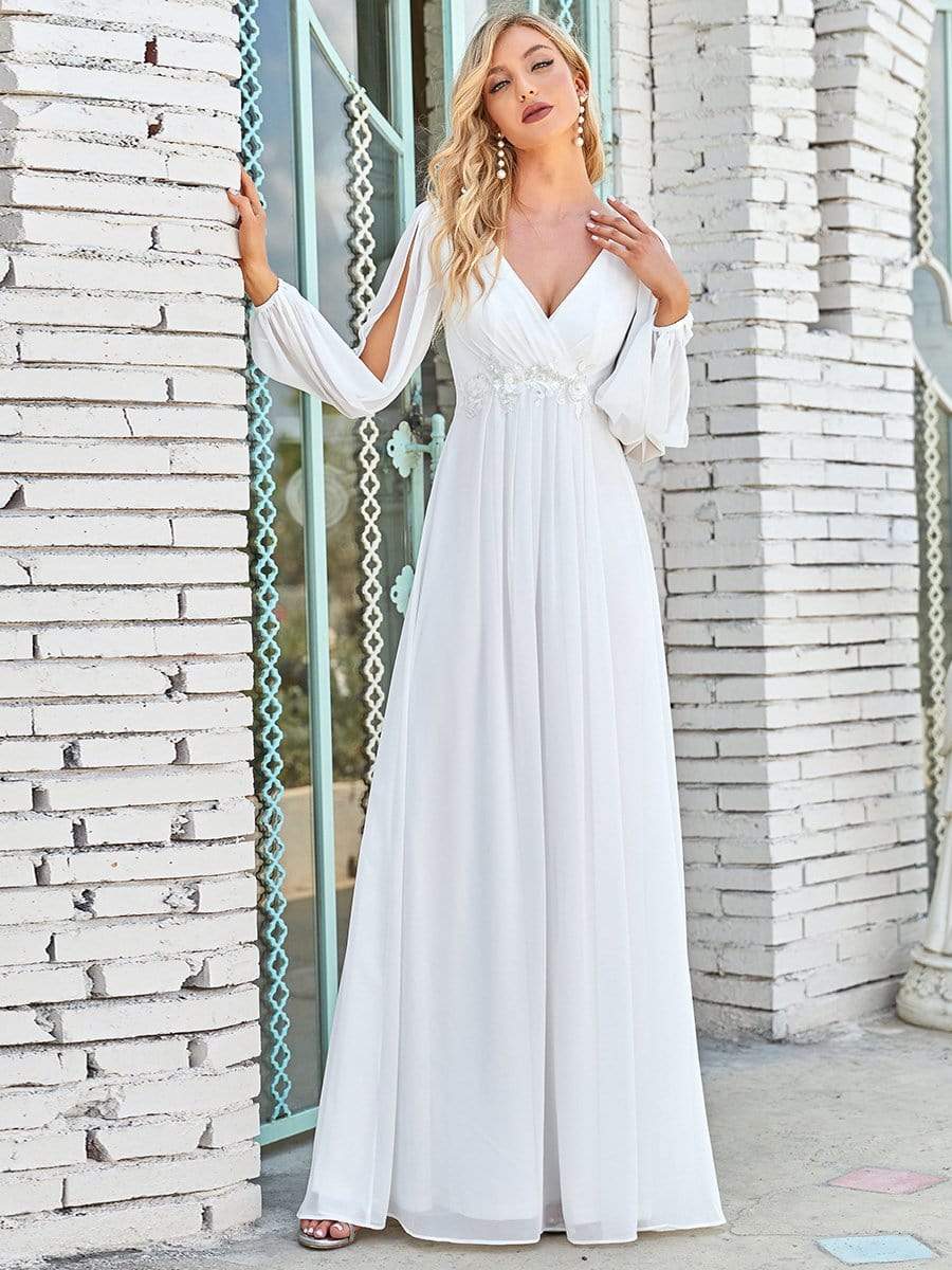 Color=Cream | Women'S Deep V Lantern Long Slit Sleeve Applique Maxi Evening Dress-Cream 1