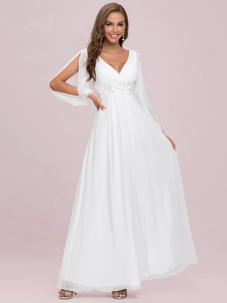 Color=Cream | Women'S Deep V Lantern Long Slit Sleeve Applique Maxi Evening Dress-Cream 7