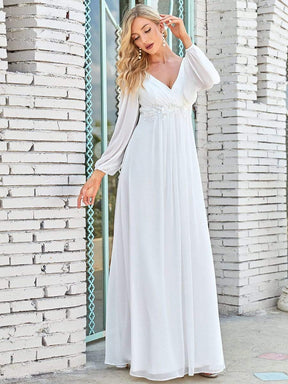Color=Cream | Women'S Deep V Lantern Long Slit Sleeve Applique Maxi Evening Dress-Cream 4