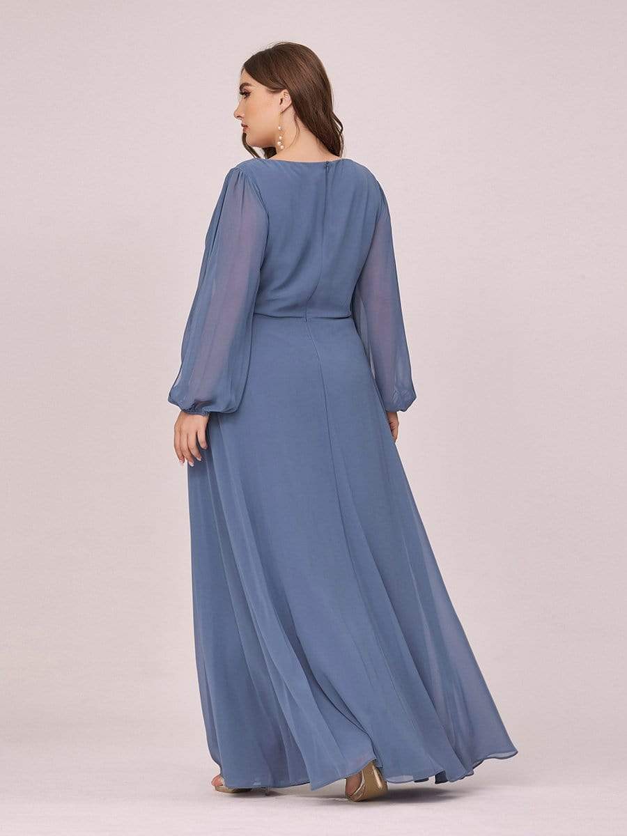 Color=Dusty Navy | Women'S Deep V Lantern Long Slit Sleeve Applique Maxi Evening Dress-Dusty Navy 8