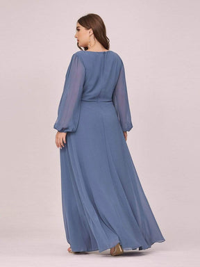 Color=Dusty Navy | Stylish Chiffon Plus Size Evening Dresses With Long Lantern Sleeves-Dusty Navy 3