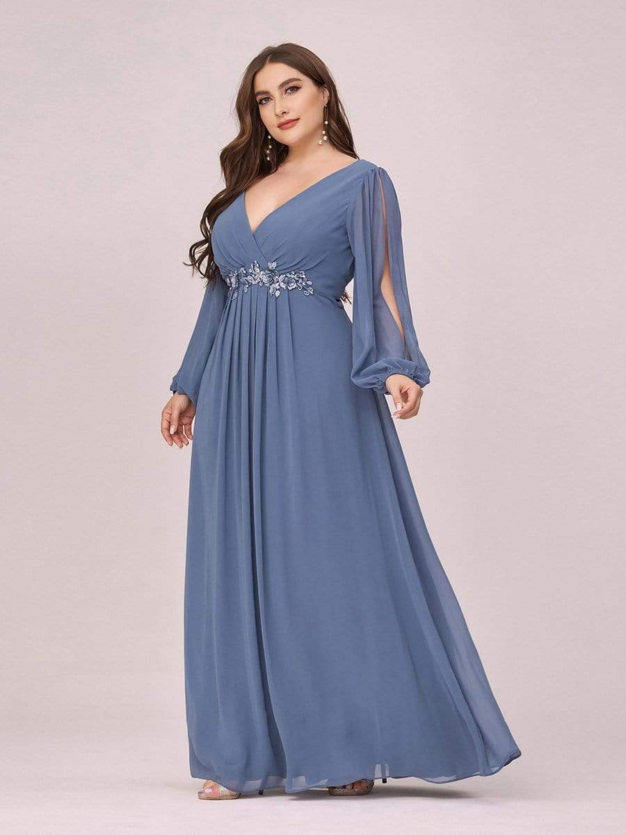 Color=Dusty Navy | Stylish Chiffon Plus Size Evening Dresses With Long Lantern Sleeves-Dusty Navy 1