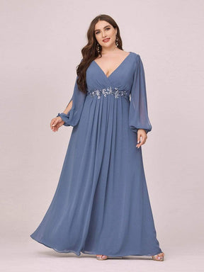 Color=Dusty Navy | Stylish Chiffon Plus Size Evening Dresses With Long Lantern Sleeves-Dusty Navy 4