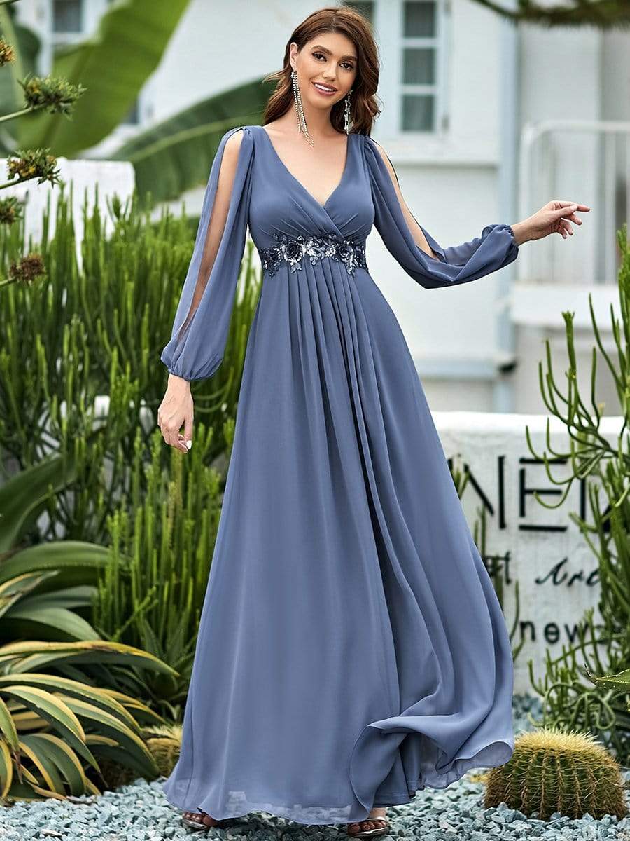 Elagant Deep V Lantern Long Slit Sleeve Applique Pleated Maxi Dress - Ever Pretty AU Elagant Deep V Lantern Long Slit Sleeve Applique Pleated Maxi Dress - Ever Pretty AU