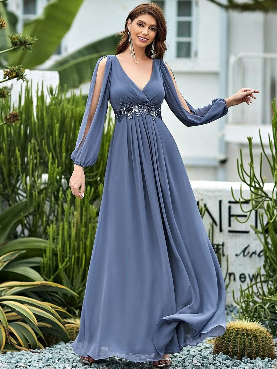 Color=Dusty Navy | Women'S Deep V Lantern Long Slit Sleeve Applique Maxi Evening Dress-Dusty Navy 1