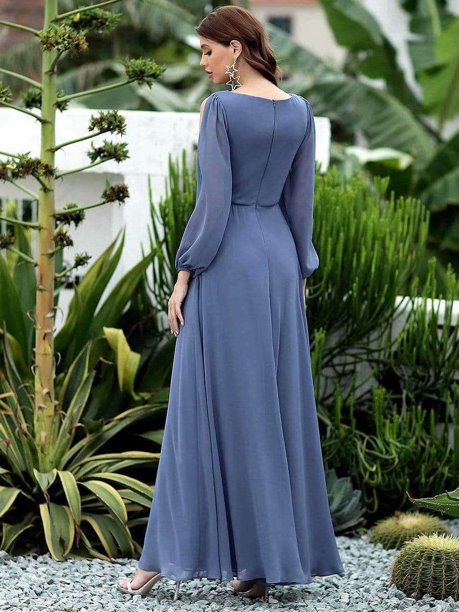 Elagant Deep V Lantern Long Slit Sleeve Applique Pleated Maxi Dress