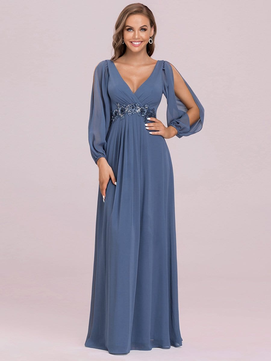 Color=Dusty Navy | Women'S Deep V Lantern Long Slit Sleeve Applique Maxi Evening Dress-Dusty Navy 5