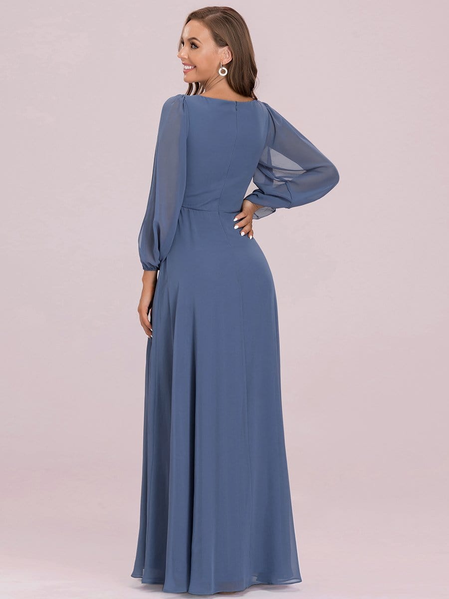 Color=Dusty Navy | Women'S Deep V Lantern Long Slit Sleeve Applique Maxi Evening Dress-Dusty Navy 6