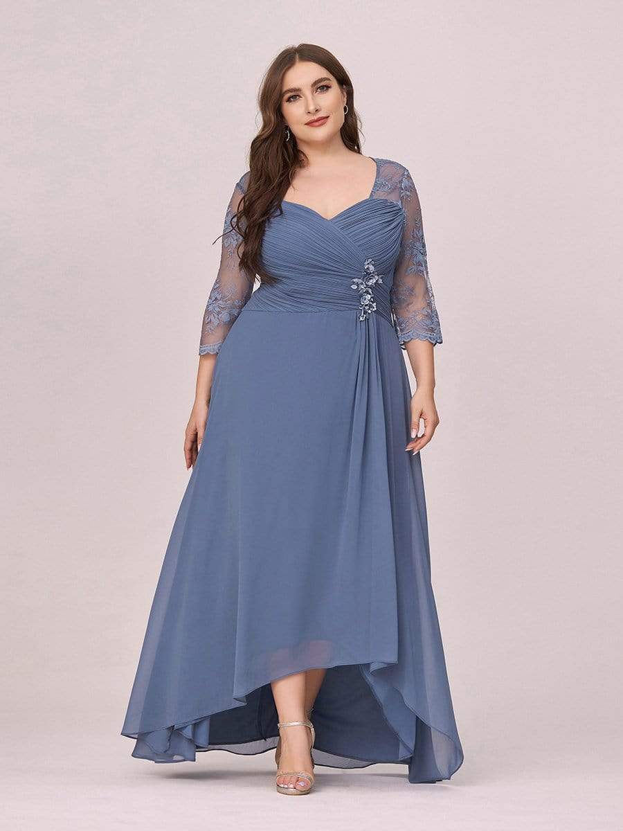 Color=Dusty Navy | Fashion Ruched Plus Size Chiffon Party Dress With Lace-Dusty Navy 1