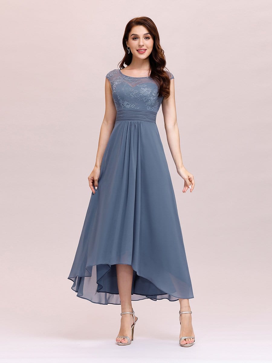 Color=Dusty Navy | Fashion Ruched High Waist Round Neck Chiffon Cocktail Dress-Dusty Navy 3