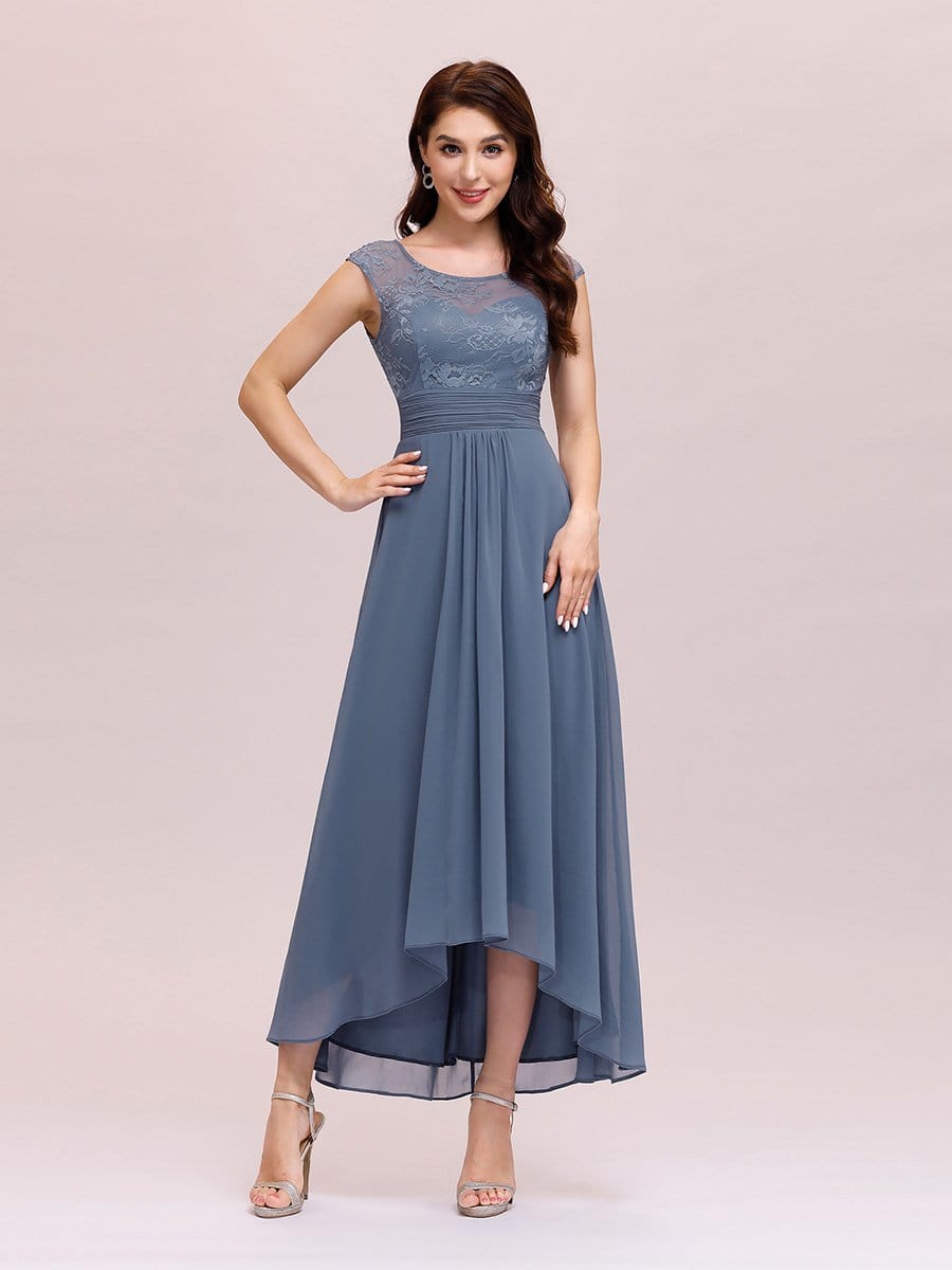 Color=Dusty Navy | Fashion Ruched High Waist Round Neck Chiffon Cocktail Dress-Dusty Navy 1