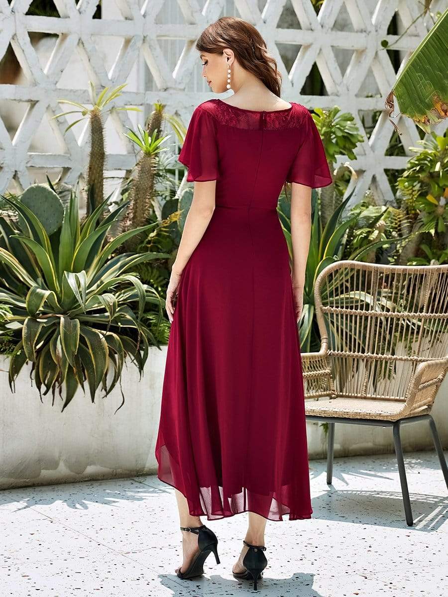 Color=Burgundy | Women'S Casual Boat Neck A-Line Midi Dress With Irregular Hem-Burgundy 2