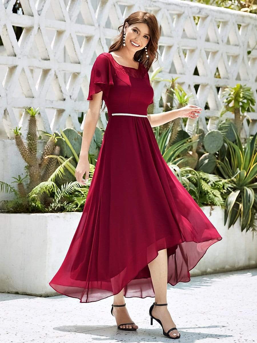 Color=Burgundy | Women'S Casual Boat Neck A-Line Midi Dress With Irregular Hem-Burgundy 1