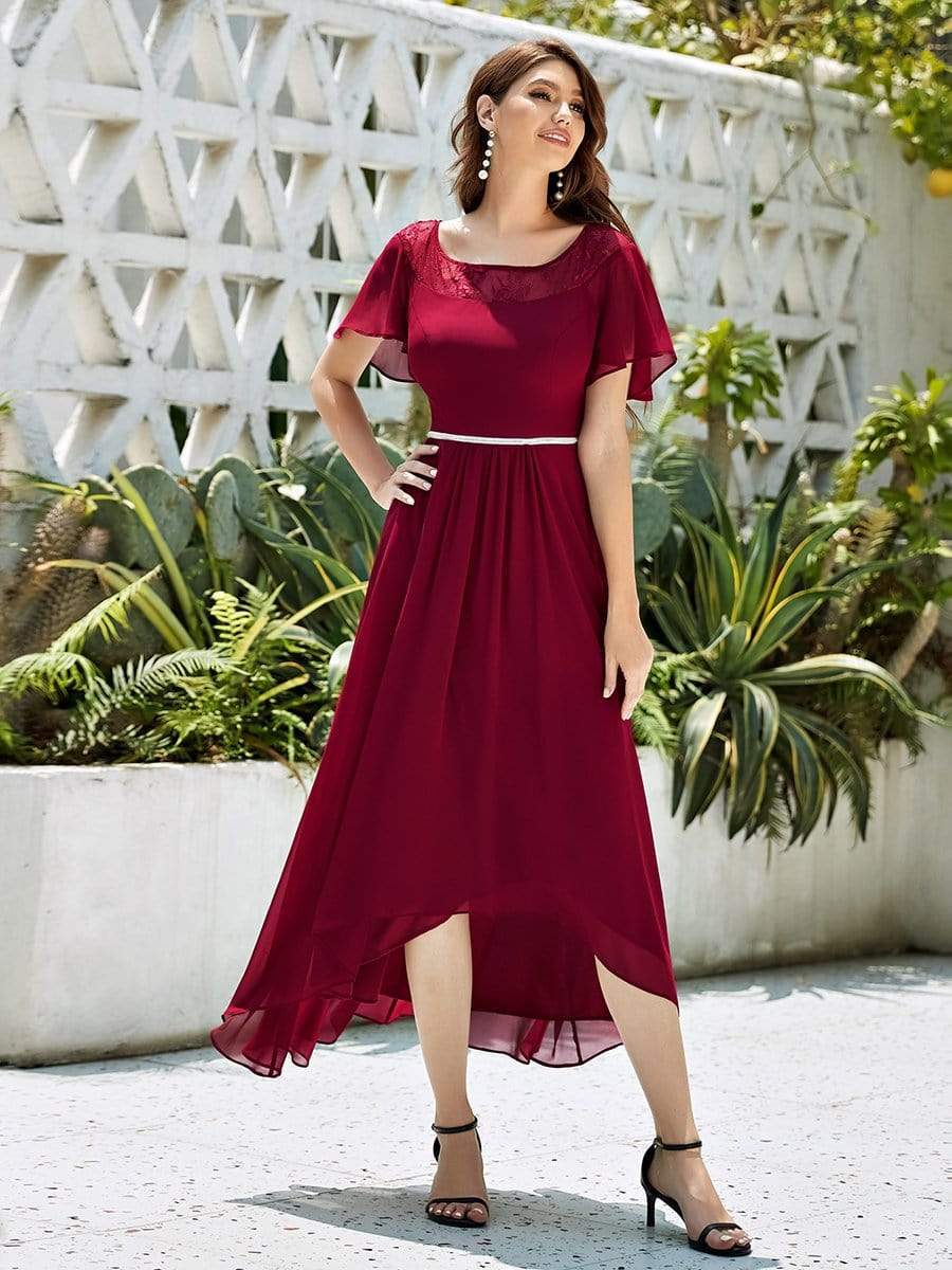 Color=Burgundy | Women'S Casual Boat Neck A-Line Midi Dress With Irregular Hem-Burgundy 5