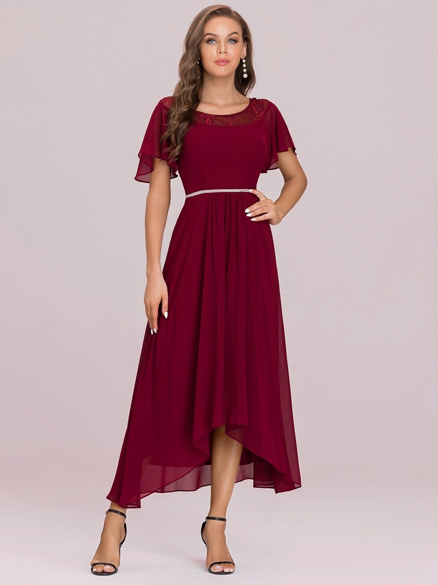 Color=Burgundy | Women'S Casual Boat Neck A-Line Midi Dress With Irregular Hem-Burgundy 6