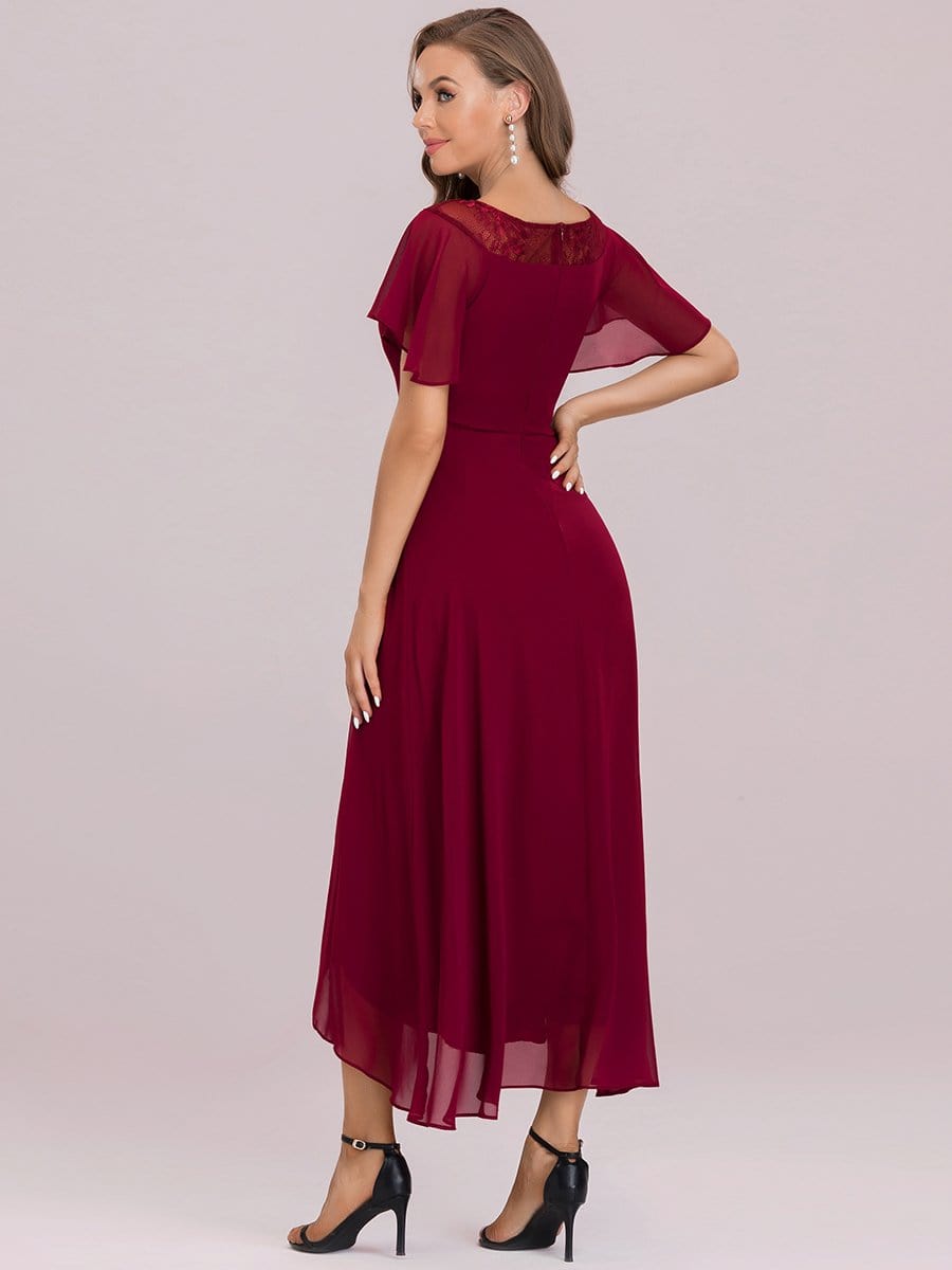 Color=Burgundy | Women'S Casual Boat Neck A-Line Midi Dress With Irregular Hem-Burgundy 7