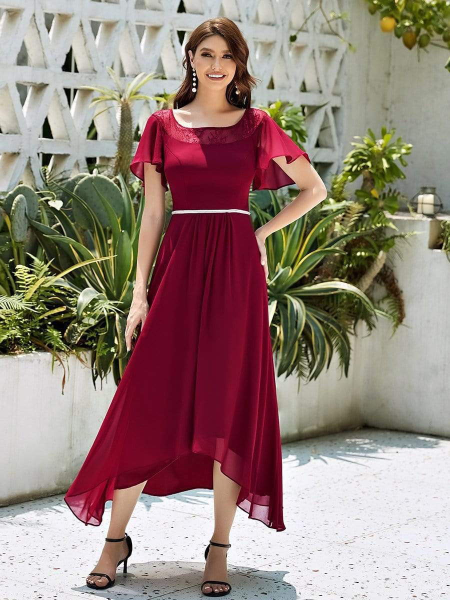 Color=Burgundy | Women'S Casual Boat Neck A-Line Midi Dress With Irregular Hem-Burgundy 4