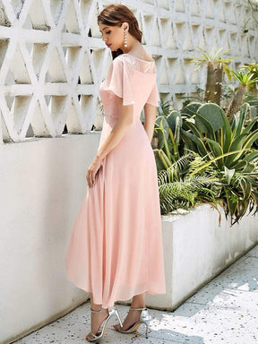 Color=Pink | Women'S Casual Boat Neck A-Line Midi Dress With Irregular Hem-Pink 2