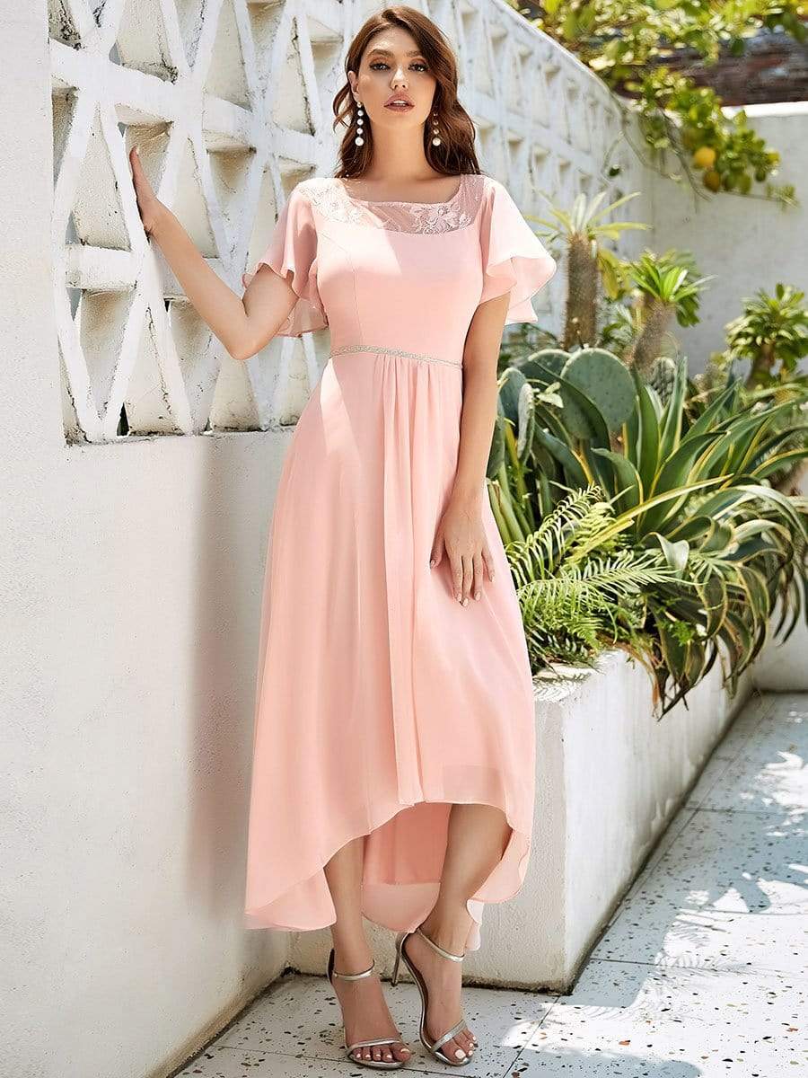 Color=Pink | Women'S Casual Boat Neck A-Line Midi Dress With Irregular Hem-Pink 5