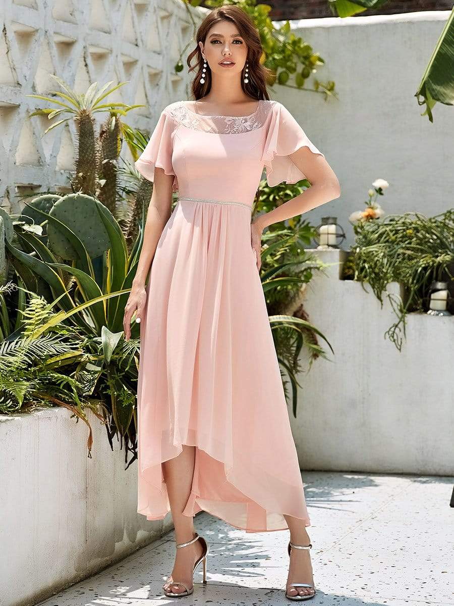 Color=Pink | Women'S Casual Boat Neck A-Line Midi Dress With Irregular Hem-Pink 4