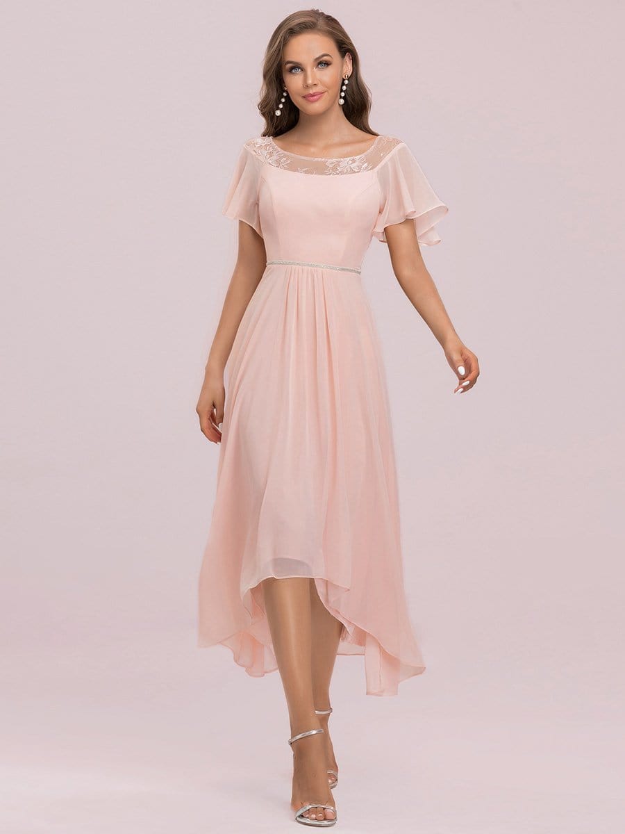 Color=Pink | Women'S Casual Boat Neck A-Line Midi Dress With Irregular Hem-Pink 6