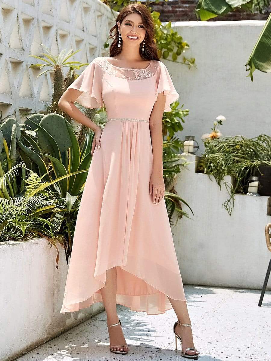 Color=Pink | Women'S Casual Boat Neck A-Line Midi Dress With Irregular Hem-Pink 1