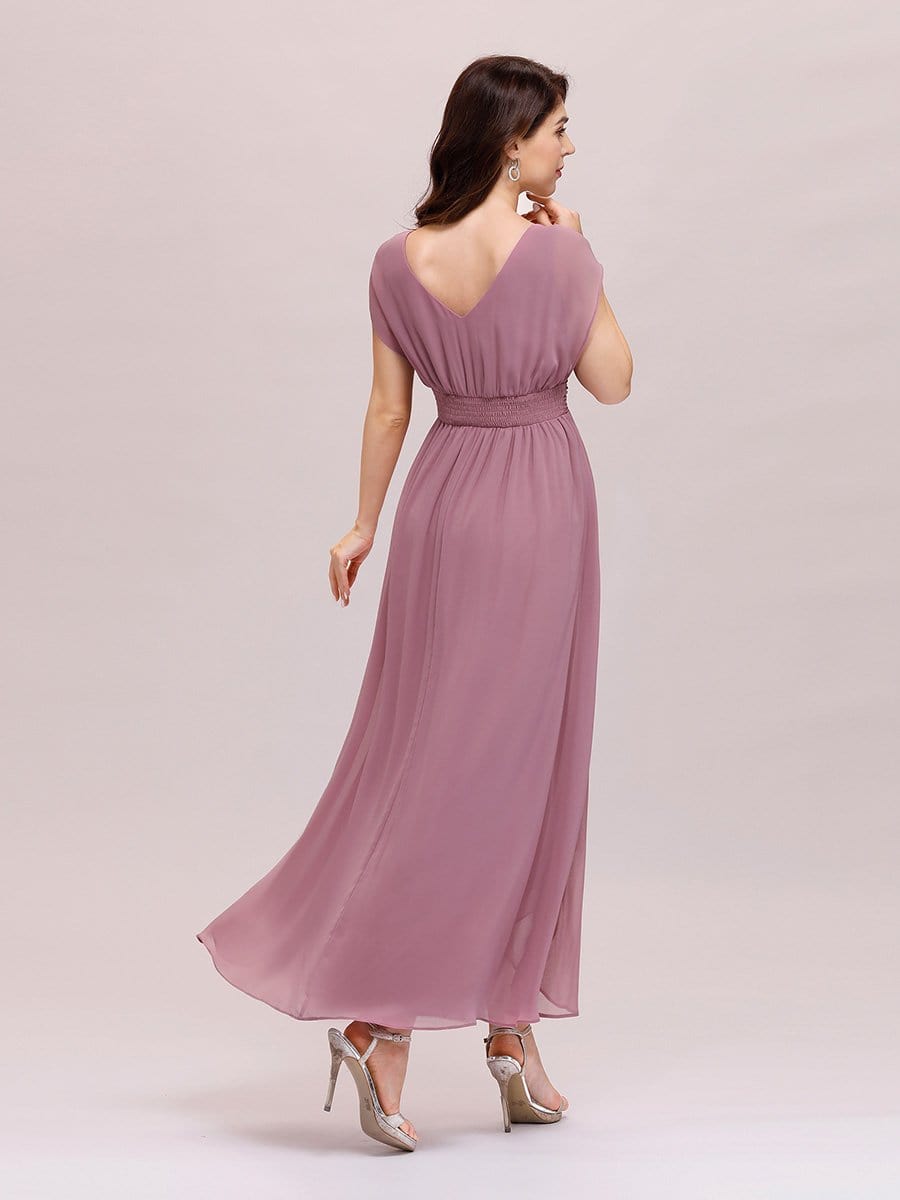 Color=Purple Orchid | Simple V Neck Chiffon Cocktail Dress With Elastic Waist-Purple Orchid 2