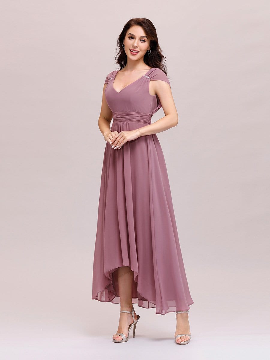 Color=Purple Orchid | Simple V Neck Chiffon Cocktail Dress With Elastic Waist-Purple Orchid 3