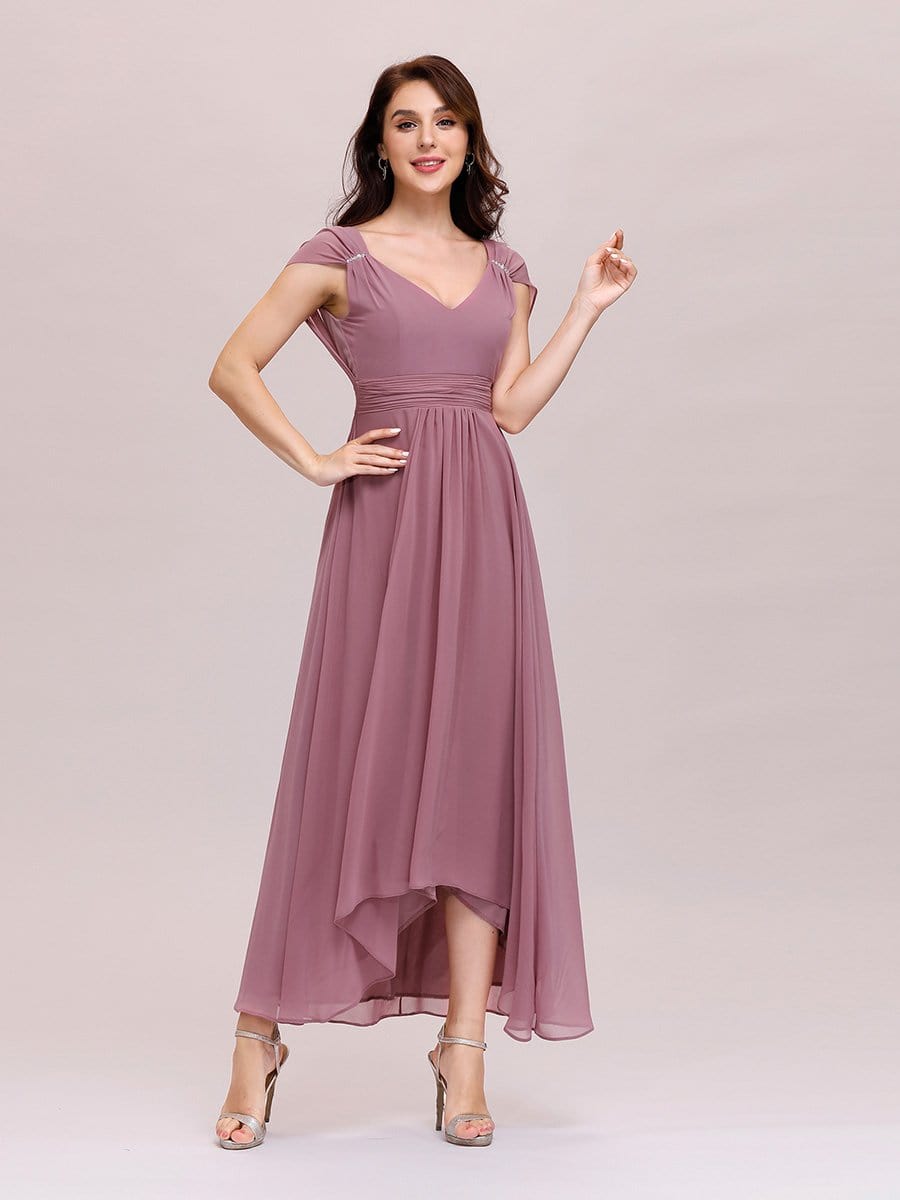 Color=Purple Orchid | Simple V Neck Chiffon Cocktail Dress With Elastic Waist-Purple Orchid 4