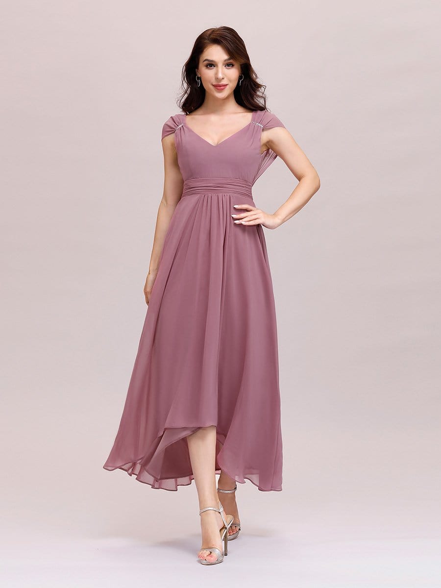 Color=Purple Orchid | Simple V Neck Chiffon Cocktail Dress With Elastic Waist-Purple Orchid 1