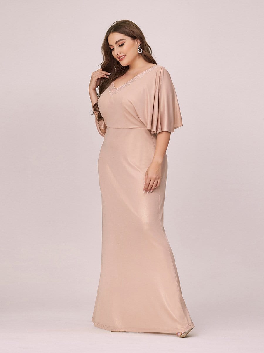Color=Blush | Elegant V Neck Fishtail Plus Size Evening Dress For Mother Of Bride-Blush 3