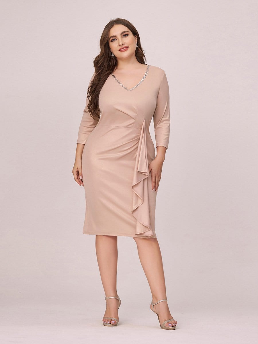 Color=Blush | Women'S Plus Size V Neck Knee-Length Party Dresses For Work-Blush 1