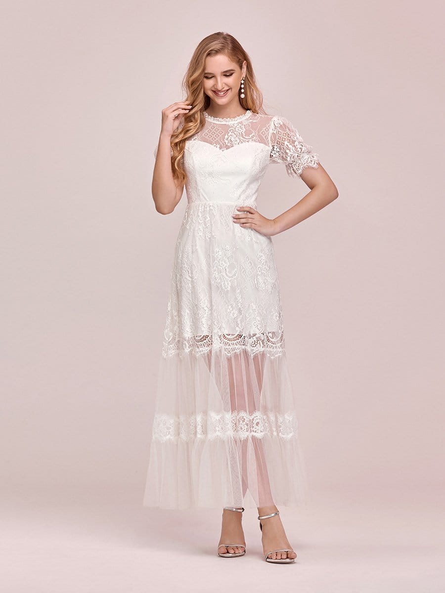 Color=Cream | Women'S Dainty A-Line Lace Midi Casual Dress With Short Sleeves-Cream 6