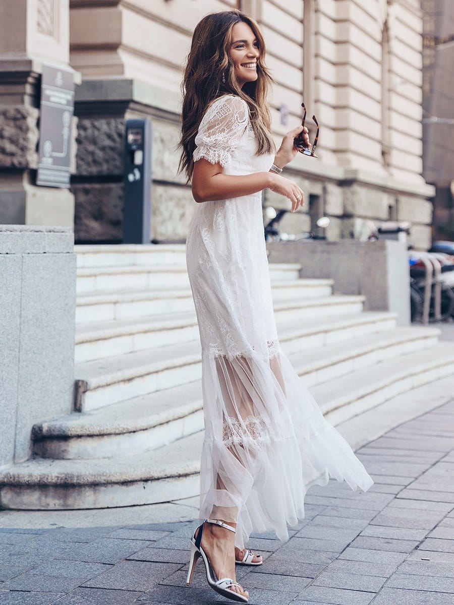 Color=Cream | Women'S Dainty A-Line Lace Midi Casual Dress With Short Sleeves-Cream 2