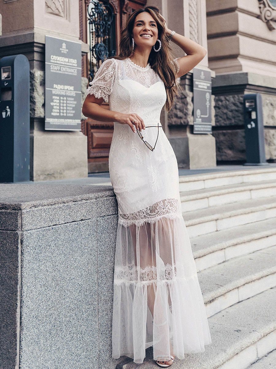 White Lace Midi Dress with Puff Sleeves Online - Ever Pretty AU