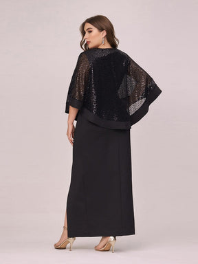 Color=Black | Women'S Sexy Round Neck Maxi Cocktail Dress With Sequin Wrap-Black 2