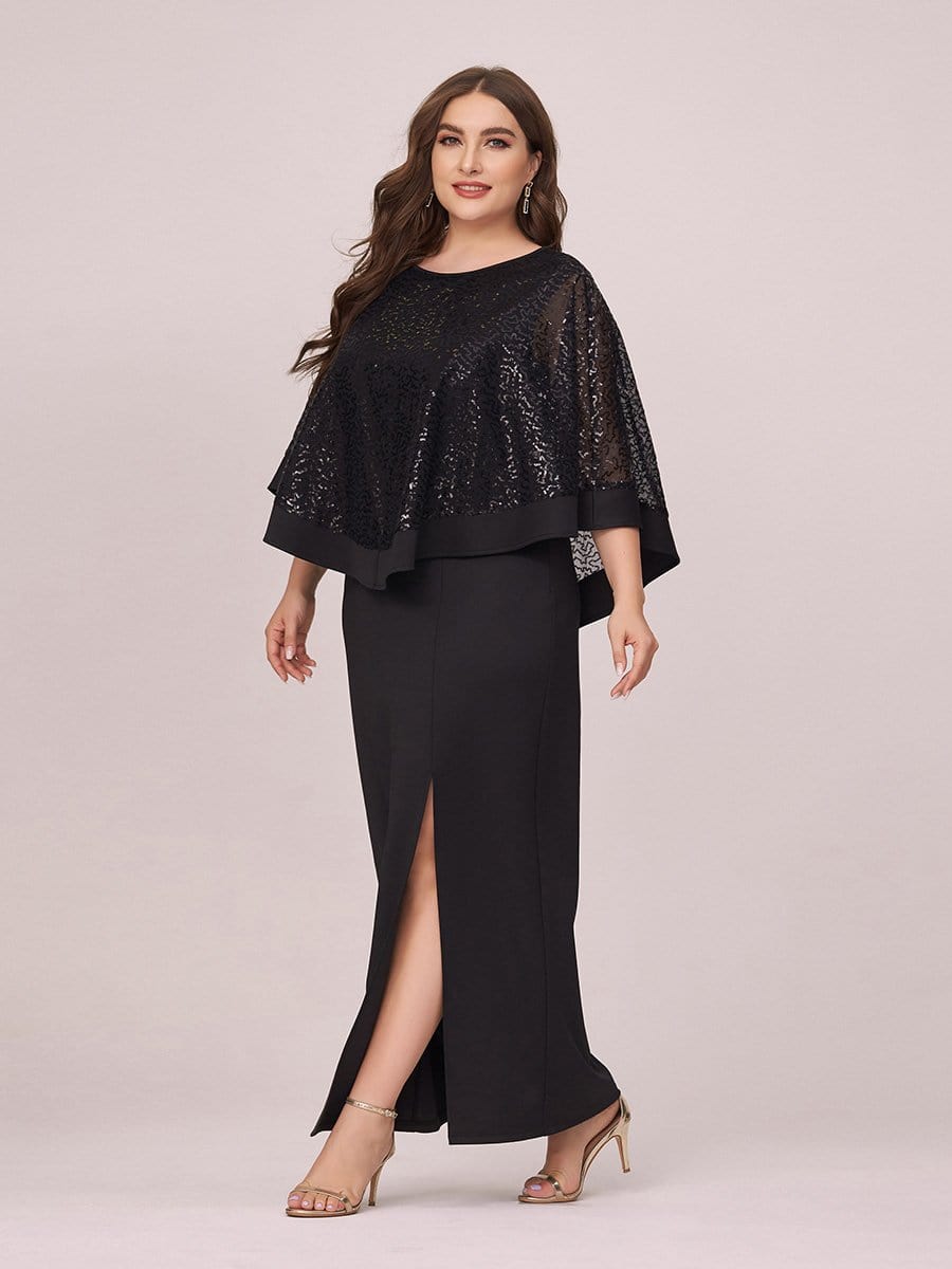Color=Black | Women'S Sexy Round Neck Maxi Cocktail Dress With Sequin Wrap-Black 3