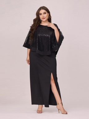 Color=Black | Women'S Sexy Round Neck Maxi Cocktail Dress With Sequin Wrap-Black 4