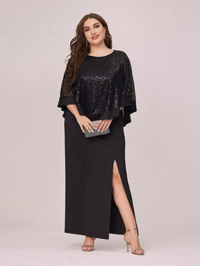 Color=Black | Women'S Sexy Round Neck Maxi Cocktail Dress With Sequin Wrap-Black 1