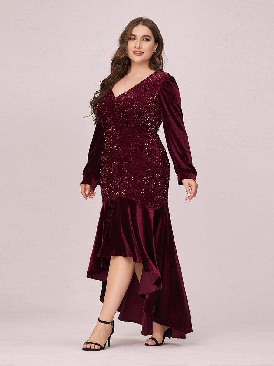 Color=Burgundy | Gorgeous V Neck Sequin & Velvet High-Low Plus Size Party Dress-Burgundy 3