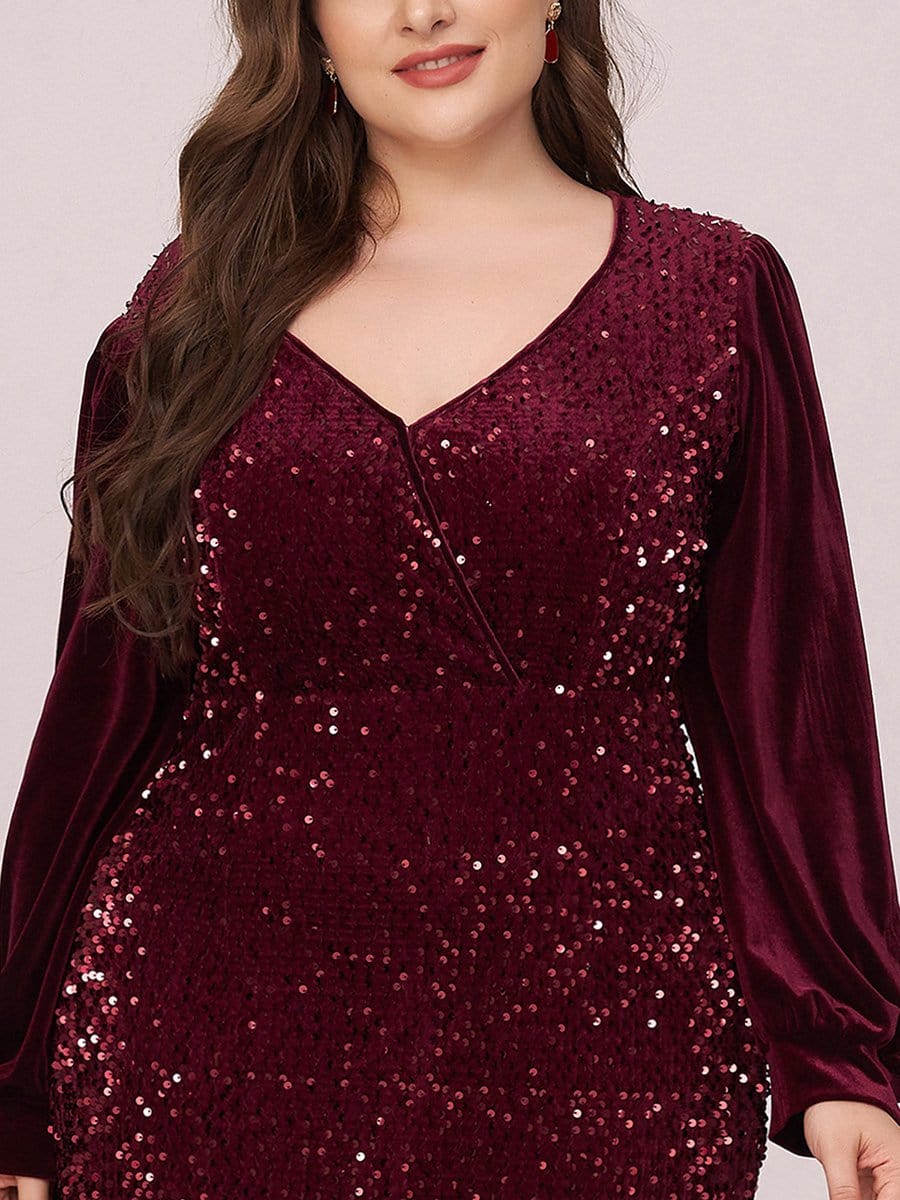 Color=Burgundy | Gorgeous V Neck Sequin & Velvet High-Low Plus Size Party Dress-Burgundy 5