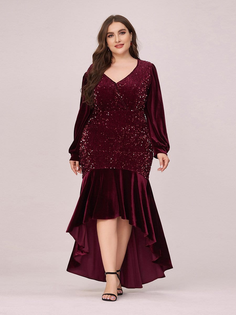Color=Burgundy | Gorgeous V Neck Sequin & Velvet High-Low Plus Size Party Dress-Burgundy 1
