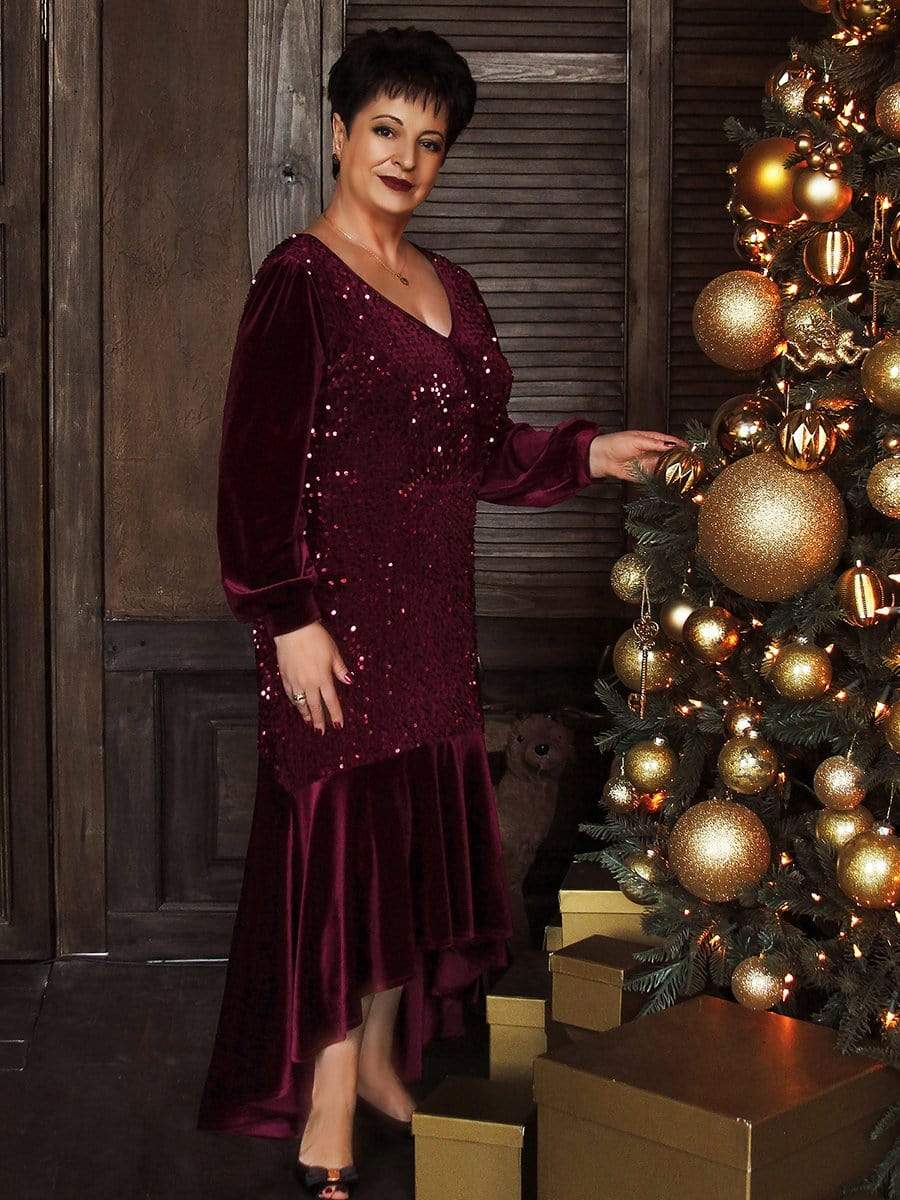 Color=Burgundy | Gorgeous V Neck Sequin & Velvet High-Low Plus Size Party Dress-Burgundy 8