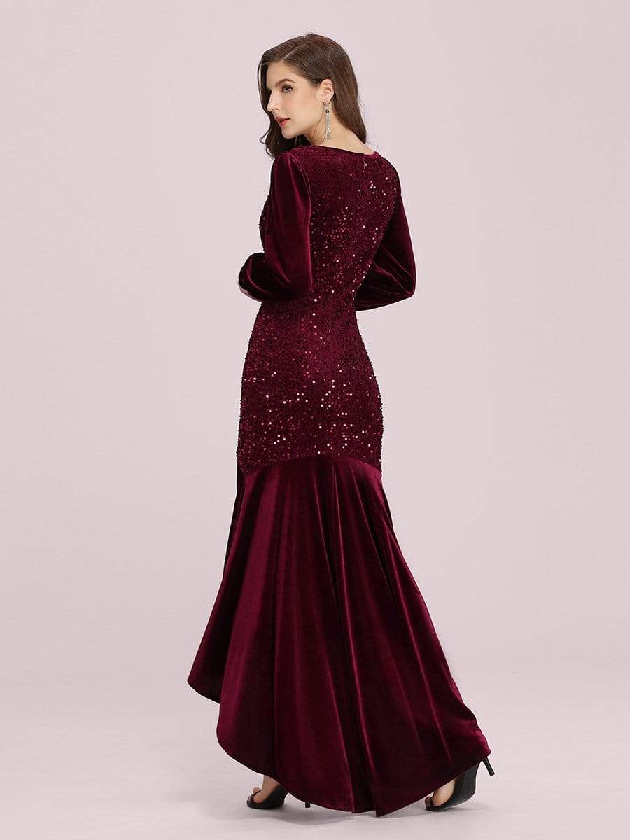 Color=Burgundy | Gorgeous V Neck Sequin & Velvet High-Low Plus Size Party Dress-Burgundy 2