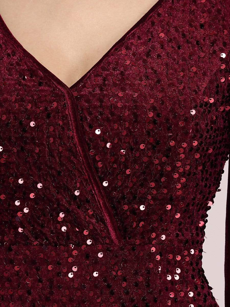 Color=Burgundy | Gorgeous V Neck Sequin & Velvet High-Low Plus Size Party Dress-Burgundy 5