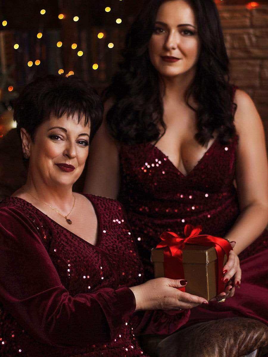 Color=Burgundy | Gorgeous V Neck Sequin & Velvet High-Low Plus Size Party Dress-Burgundy 9