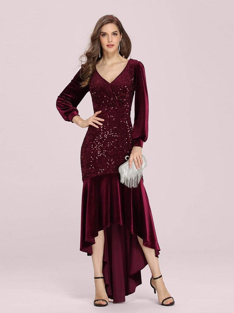 Color=Burgundy | Gorgeous V Neck Sequin & Velvet High-Low Plus Size Party Dress-Burgundy 1