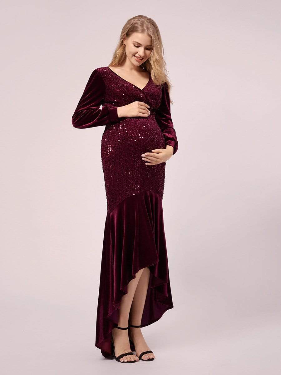 Color=Burgundy | Classic V Neck Sequin & Velvet Maternity Dress-Burgundy 3