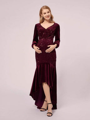 Color=Burgundy | Classic V Neck Sequin & Velvet Maternity Dress-Burgundy 4